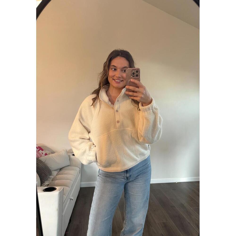 Ivory/Pink FLEECE BUTTON FRONT SIDE POCKET LONG SLEEVE TOP